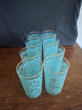 Vintage Turquoise Gold Rim Highball Glasses - Set of 8